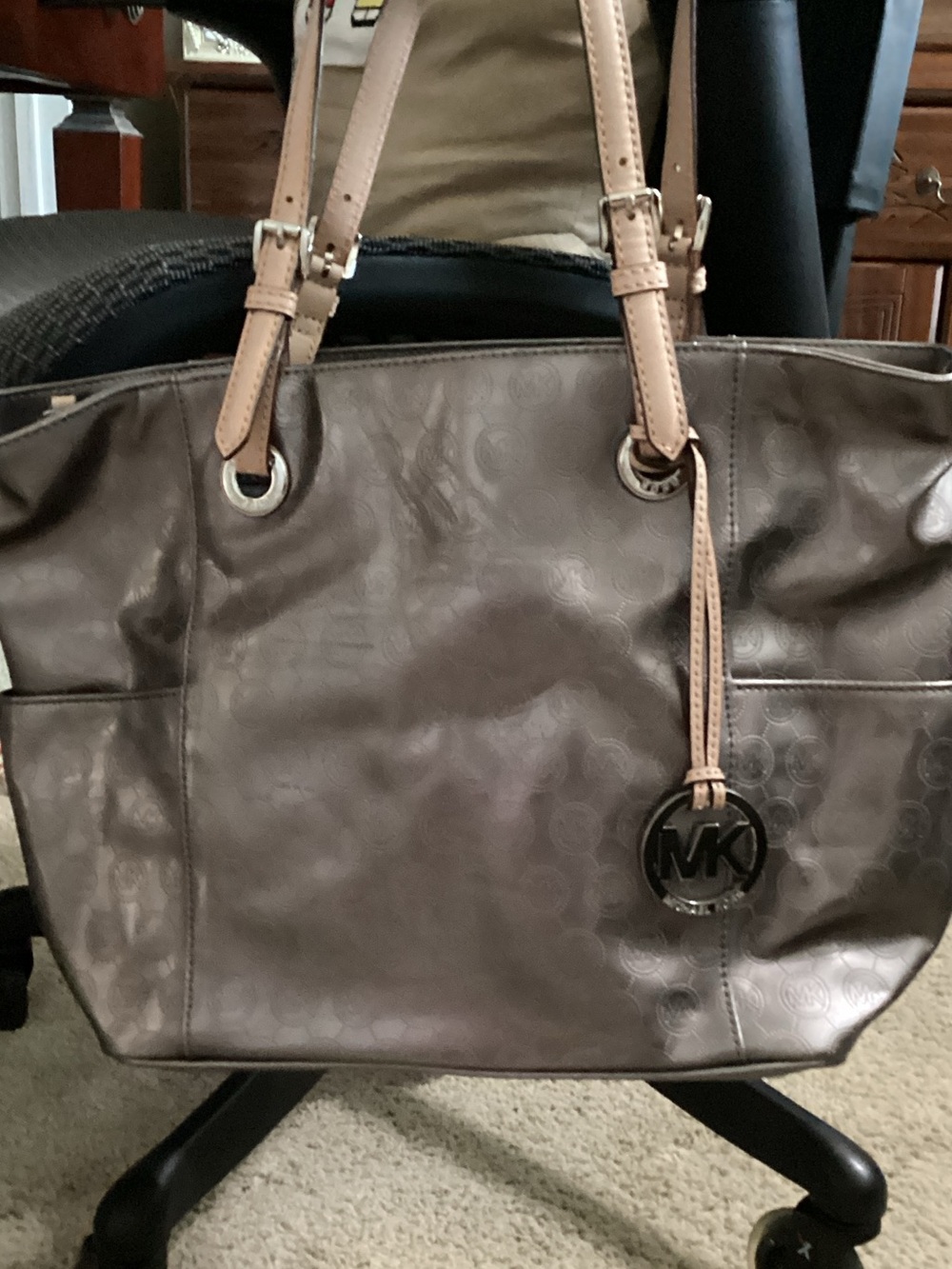 Michael Kors Silver Logo Tote with Light Tan Straps